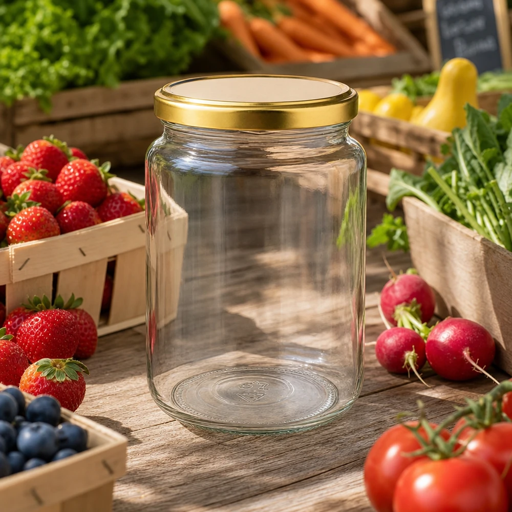 795ml Verre rond avec couvercle BasicSeal or UNiTWIST Pot de conserve de 795 ml avec couvercle doré parmi des fruits et légumes frais sur une table en bois dans la cuisine