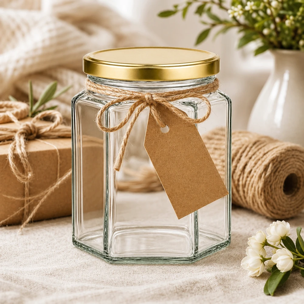 Verre hexagonal de 288 ml avec couvercle BasicSeal doré et pendentif en papier kraft comme emballage cadeau avec ficelle de jute