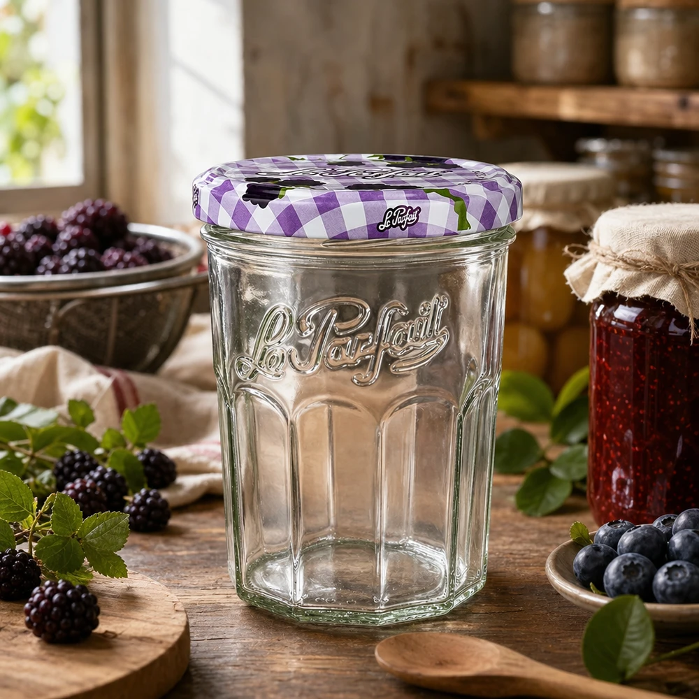 Le Parfait Verre renversé 385ml dans une cuisine rustique décorée de baies fraîches et de confiture maison