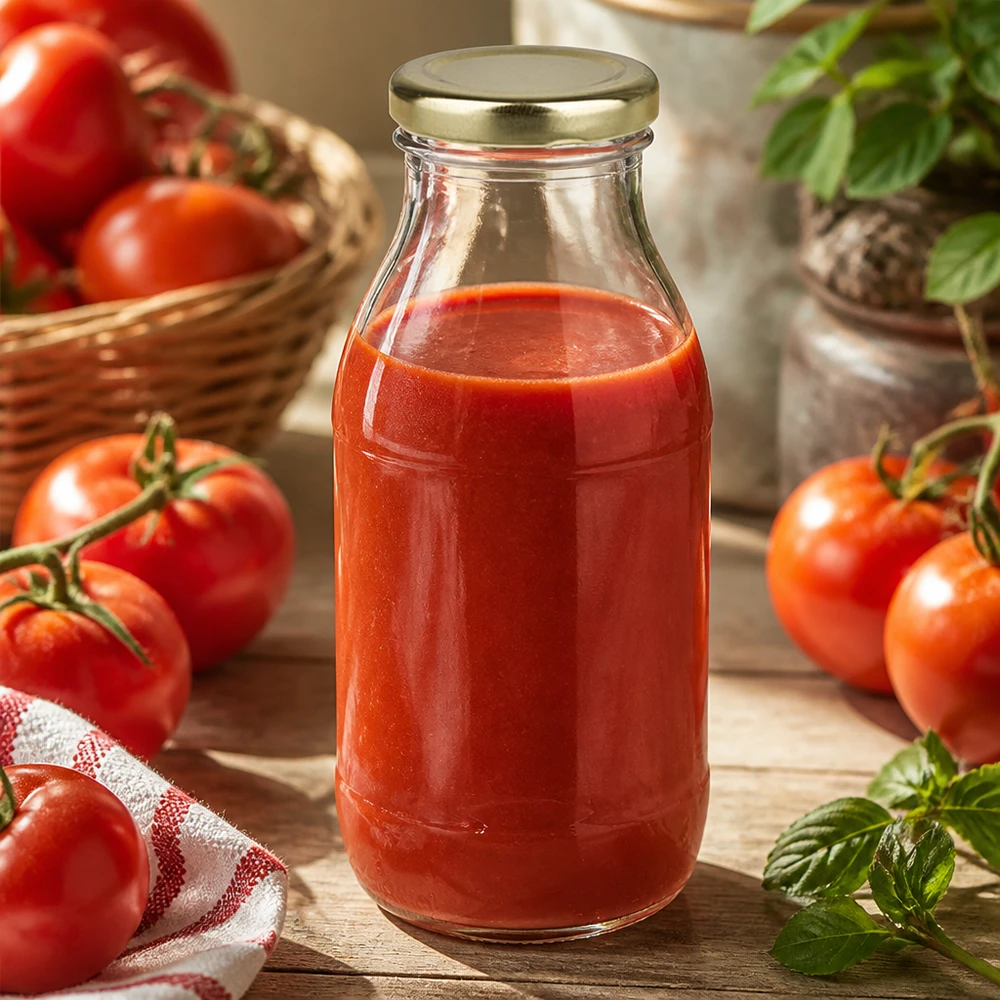 Bouteille en verre UNiTWIST de 250 ml contenant du concentré de tomates et dotée d'un bouchon à vis BasicSeal doré
