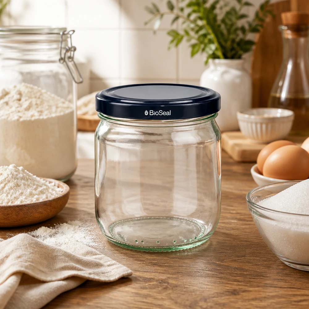 425ml Verre rond avec couvercle BasicSeal noir UNiTWIST Bocal rond de 425 ml avec couvercle BasicSeal dans la cuisine entre les œufs, la farine et les ingrédients de cuisson, bocal de stockage polyvalent