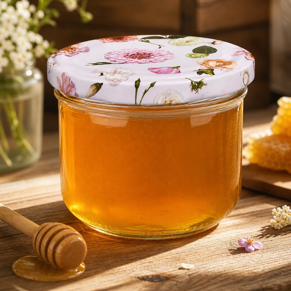 Pot en verre 260ml avec couvercle rose rempli de miel à côté de la cuillère à miel - conservation décorative de friandises sucrées