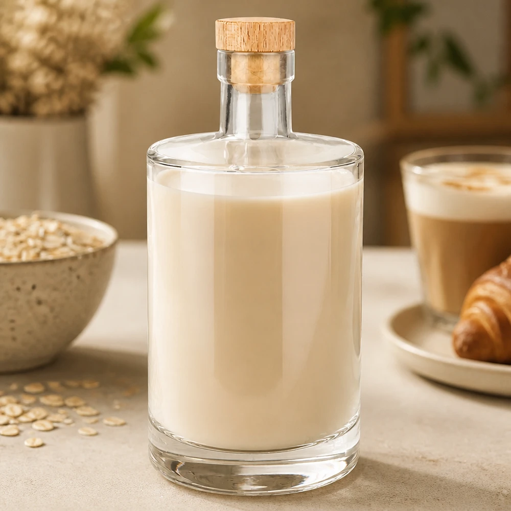 Bouteille en verre Marie de 700 ml contenant du lait d'avoine crémeux et un bouchon en bois à côté de flocons d'avoine et d'une tasse de café