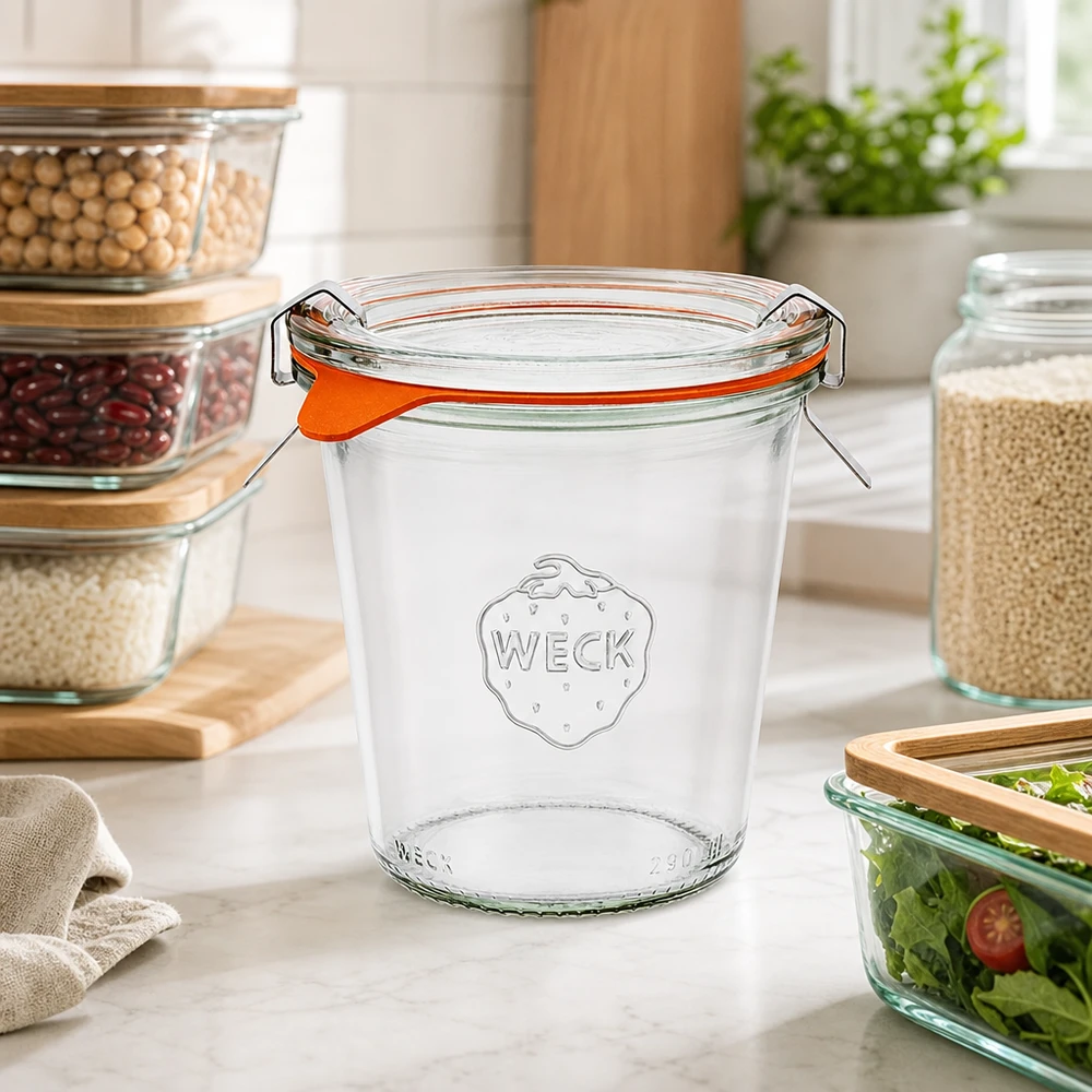 290ml bocal conique haut complet WECK RR80 WECK Pot de conservation 290ml RR80 avec anneau en caoutchouc orange et fermeture à étrier dans une cuisine moderne avec des bocaux à provisions
