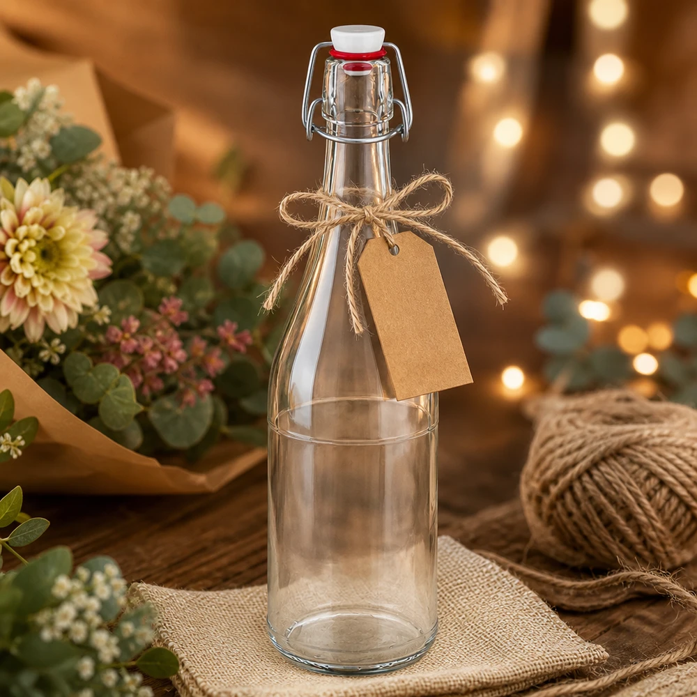 Bouteille en verre 750ml Bouchon à étrier PVC UNiTWIST Emballage cadeau Pendentif en papier raphia décoration rustique