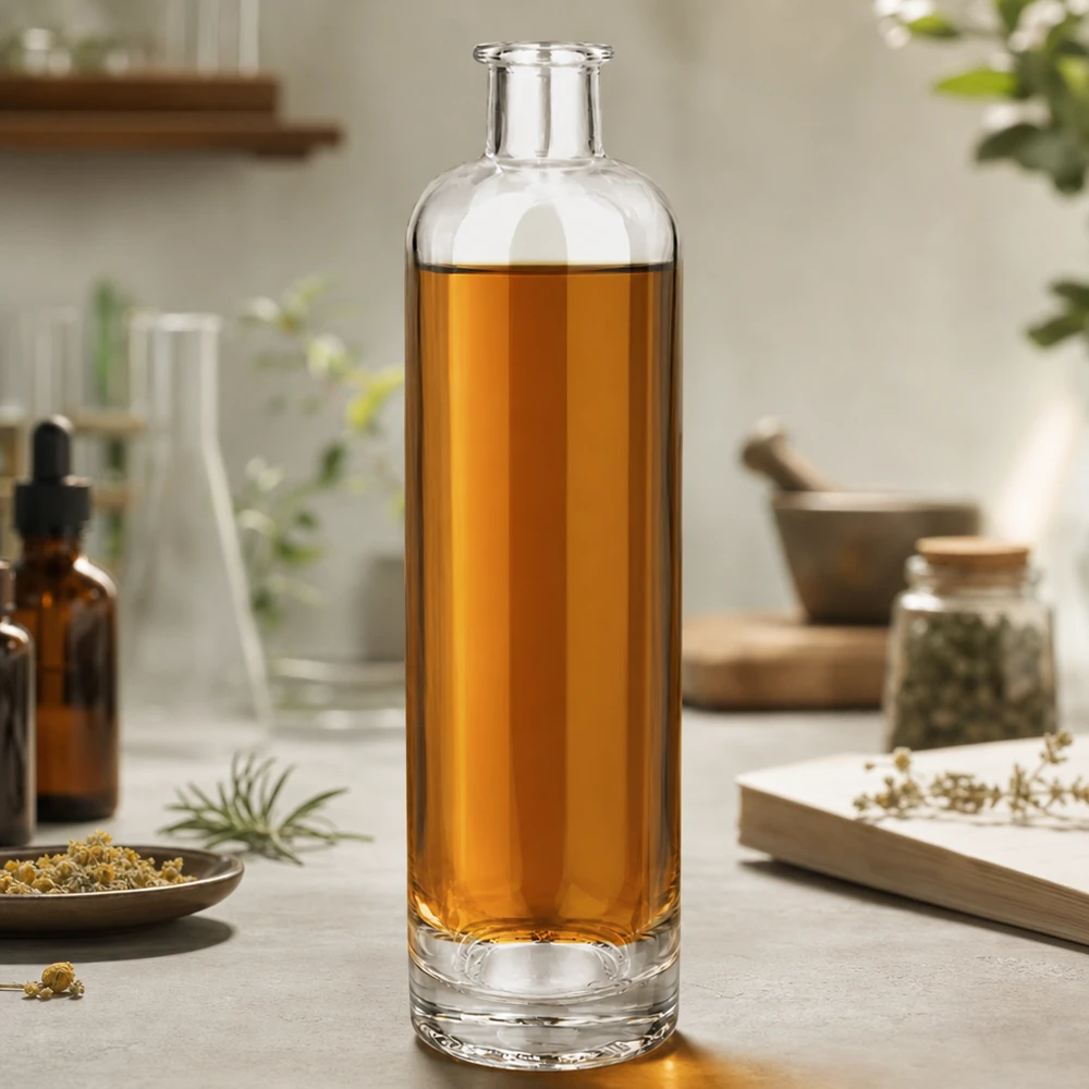 Bouteille en verre de 500 ml Ella UNiTWIST remplie d'infusion de camomille entourée d'herbes et de produits naturels Scène de style de vie