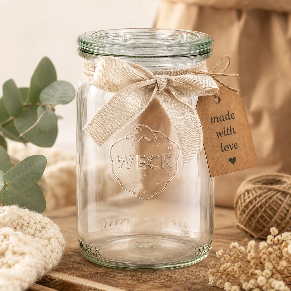 145ml bocal cylindrique avec bouchon en verre WECK RR40 WECK 145ml verre cylindrique RR40 arrangé de manière décorative avec un ruban de jute et un pendentif Made with Love dans une atmosphère chaleureuse