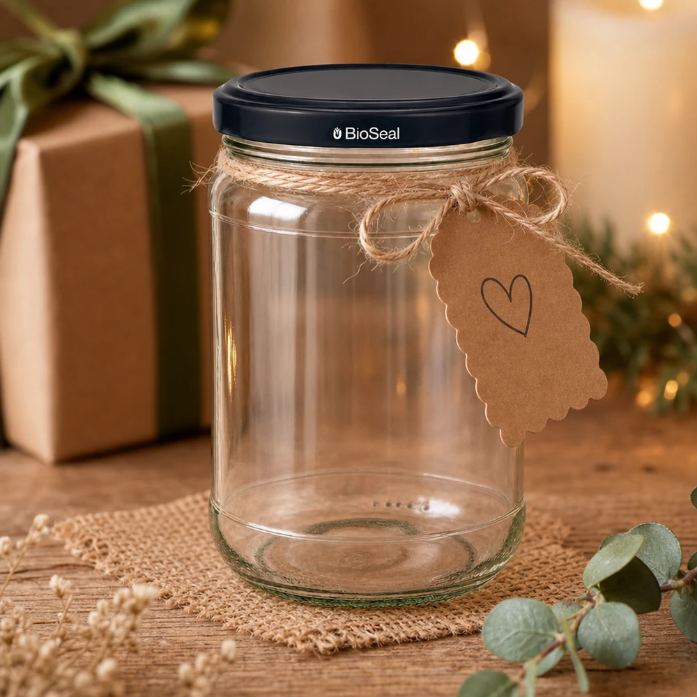 Pot à conserves décoratif UNiTWIST Runda305 avec étiquette cadeau et couvercle BioSeal noir dans une atmosphère chaleureuse