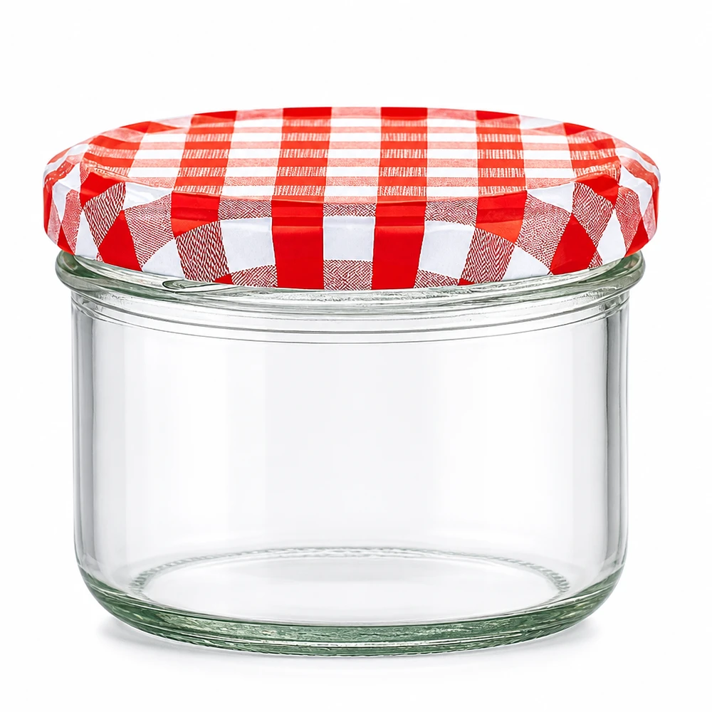 230ml Verre cylindrique avec couvercle BasicSeal rouge/blanc UNiTWIST Pot cylindrique de 230ml avec couvercle BasicSeal à carreaux rouges et blancs UN bouchon pour la mise en conserve et la conservation