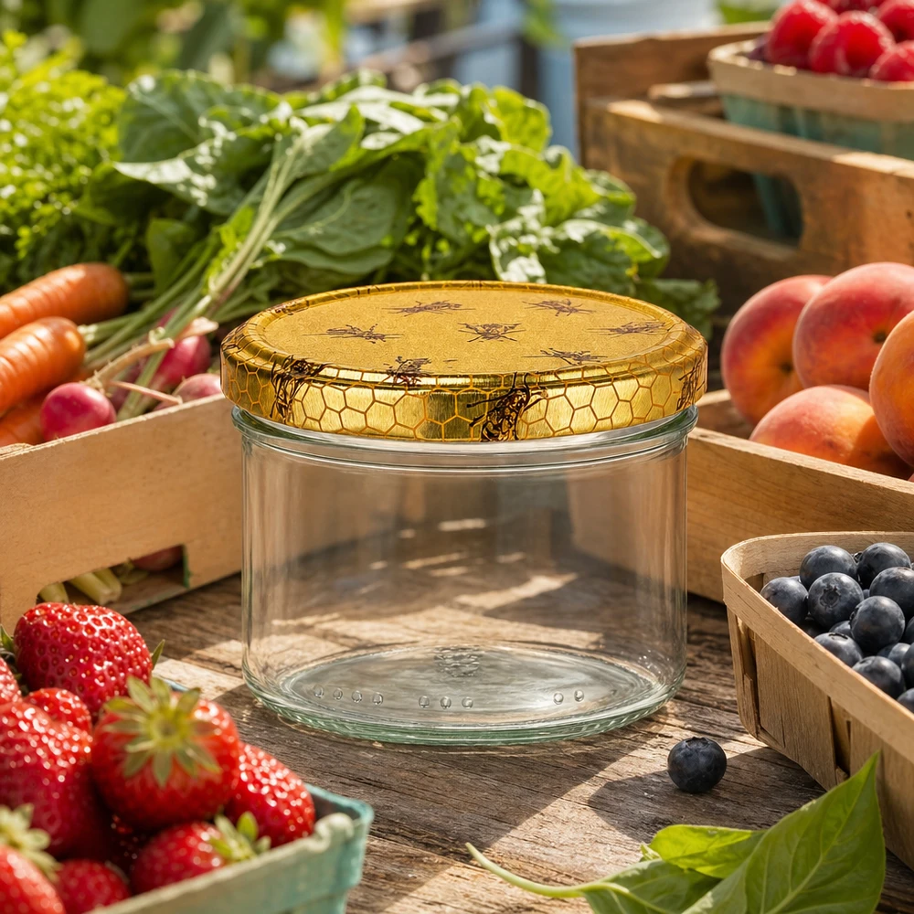 Pot à miel 300 g avec couvercle motif rayon de miel BasicSeal UNiTWIST Pot de miel de 300g vide avec couvercle en nid d'abeille parmi des fruits et légumes frais sur un étal de marché comme pot de stockage