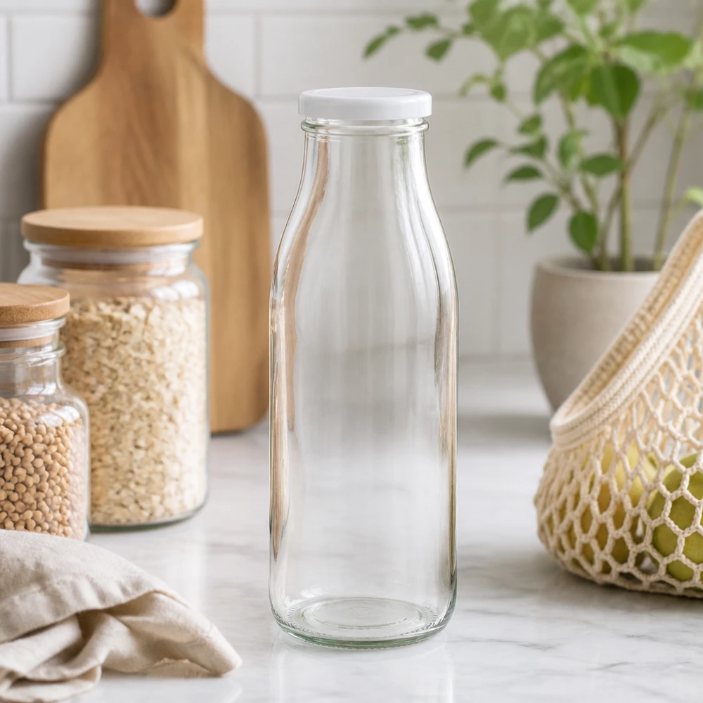 500ml Bouteille avec couvercle BasicSeal blanc UNiTWIST Bouteille en verre de 500ml vide dans un environnement de cuisine naturel avec des bocaux de stockage et des plantes Prise de vue lifestyle