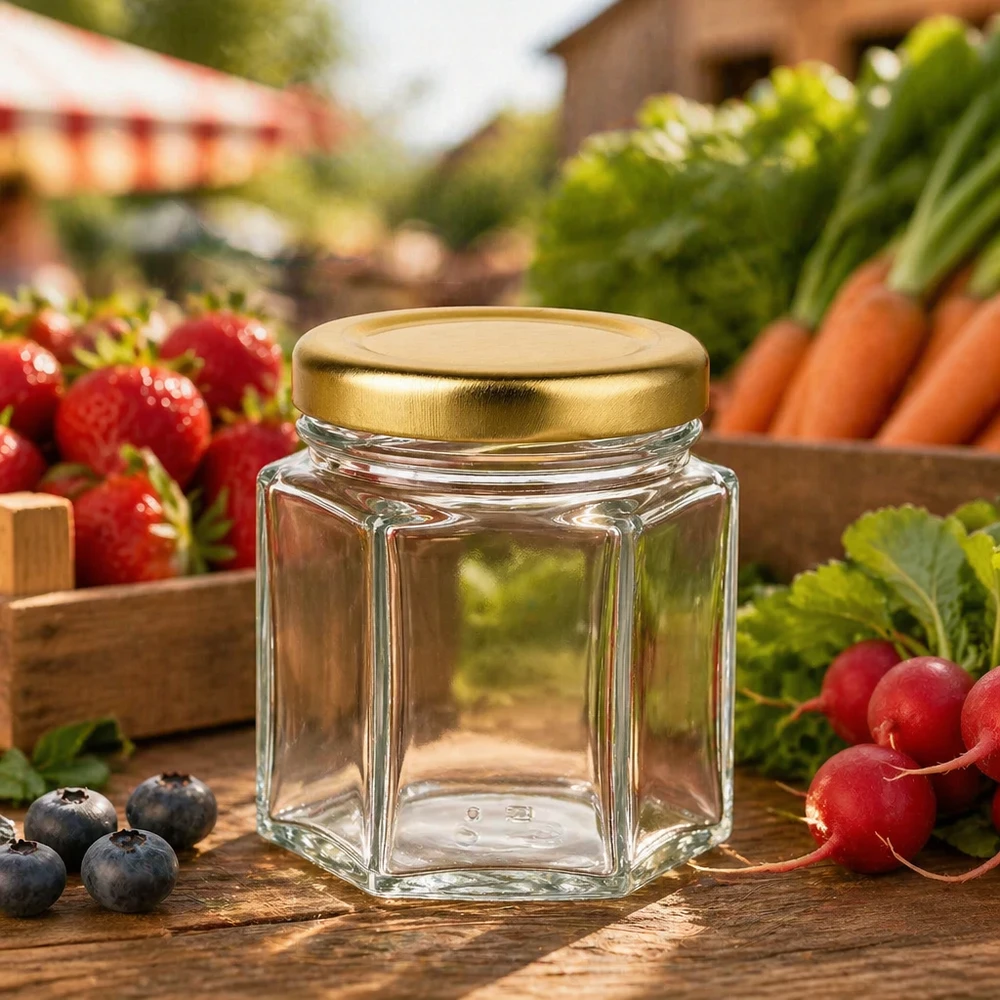Pot à miel 60 g avec couvercle doré BasicSeal UNiTWIST Pot de miel hexagonal de 60 g vide sur une table en bois parmi les légumes frais du marché, les fraises, les carottes et les radis.