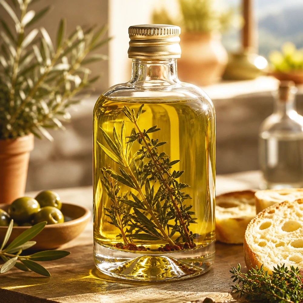 Bouteille en verre Sara de 40 ml avec huile aux herbes et brindilles de romarin - bouchon doré UNiTWIST dans la cuisine méditerranéenne