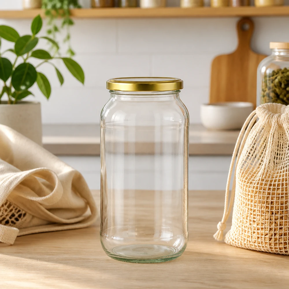 Bocal rond de 1062 ml avec couvercle doré BasicSeal sur une table en bois parmi des sacs en filet durables et des accessoires de cuisine