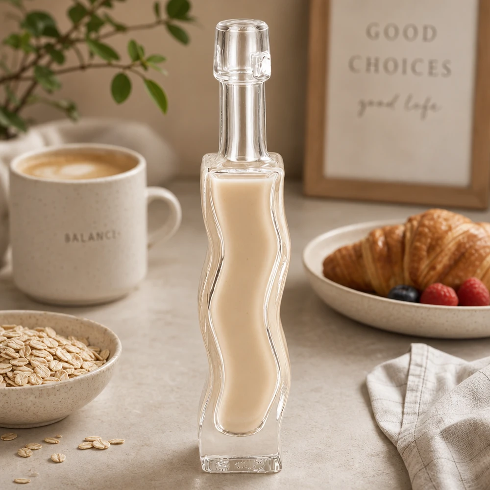 Flacon en verre « Fila » 40 ml sans bouchon UNiTWIST® 40ml Glasflasche Anna mit cremigem Hafermilch-Getränk befüllt Frühstückstisch-Szenerie vegane Milchalternative Lifestyle