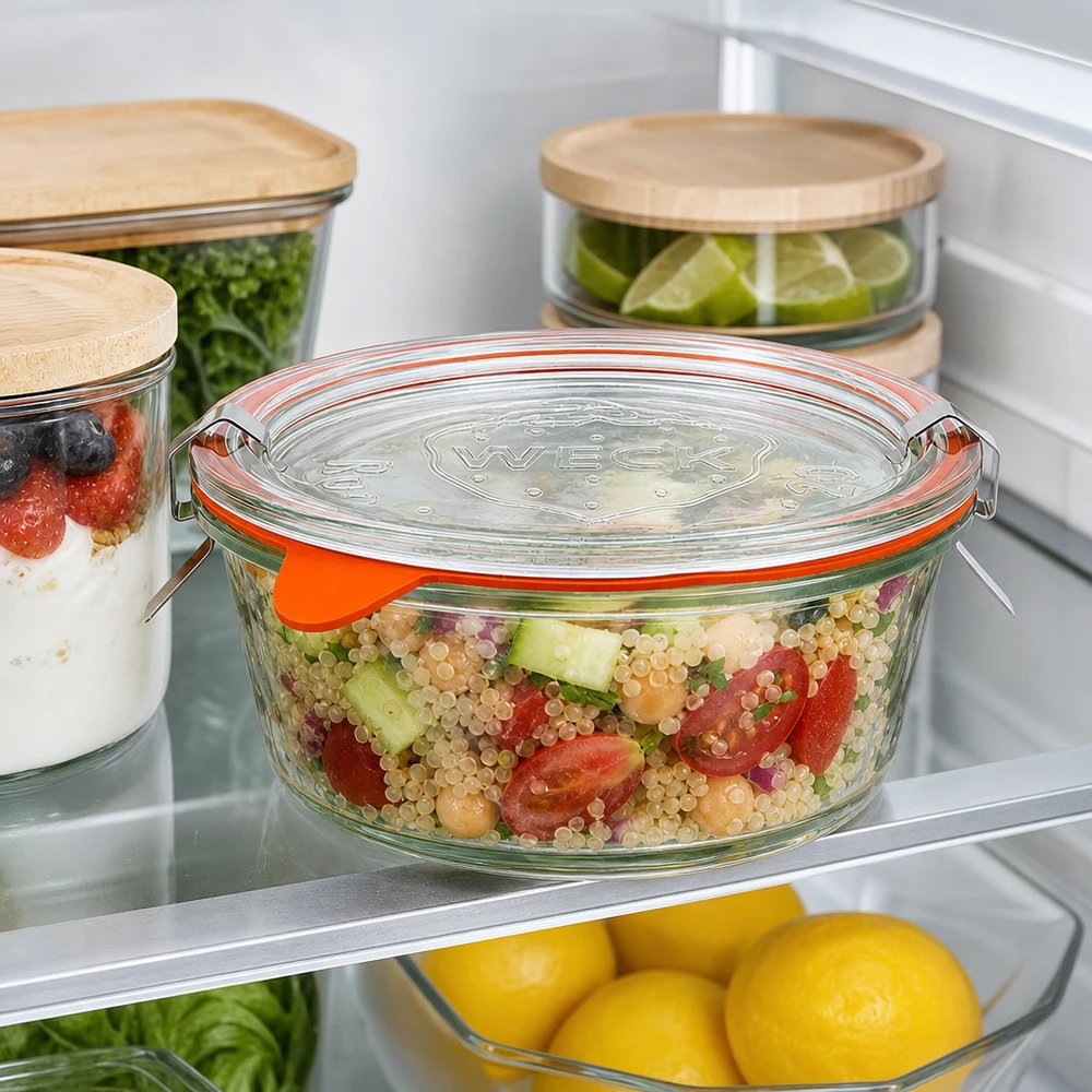 WECK Bocal gourmet 300ml RR120 au réfrigérateur avec salade de quinoa, conservation Meal Prep à côté d'autres bocaux à provisions