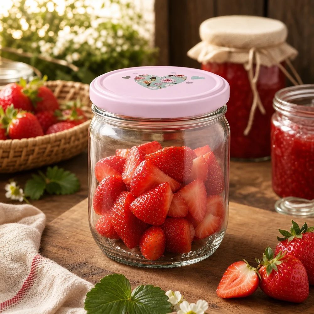 Pot rond 425 ml + couvercle BasicSeal cur rose UNiTWIST Morceaux de fraises fraîches en pot rond rose de 425ml Couvercle en forme de cœur Conservation de fruits Fabrication de confitures Cuisine