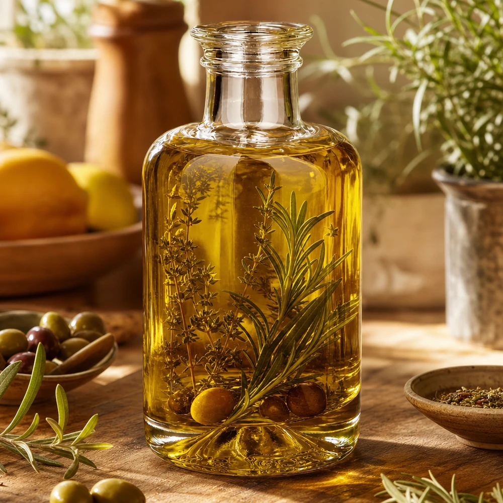Bouteille en verre Sofia de 100 ml remplie d'huile aux herbes décorativement arrangée avec des olives et des herbes fraîches sur une table en bois