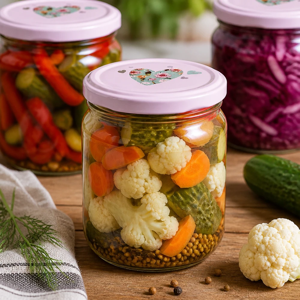 Légumes mixtes en bocal rond de 425ml avec couvercle en forme de cœur rose Carottes marinées Chou-fleur Concombres Conservation
