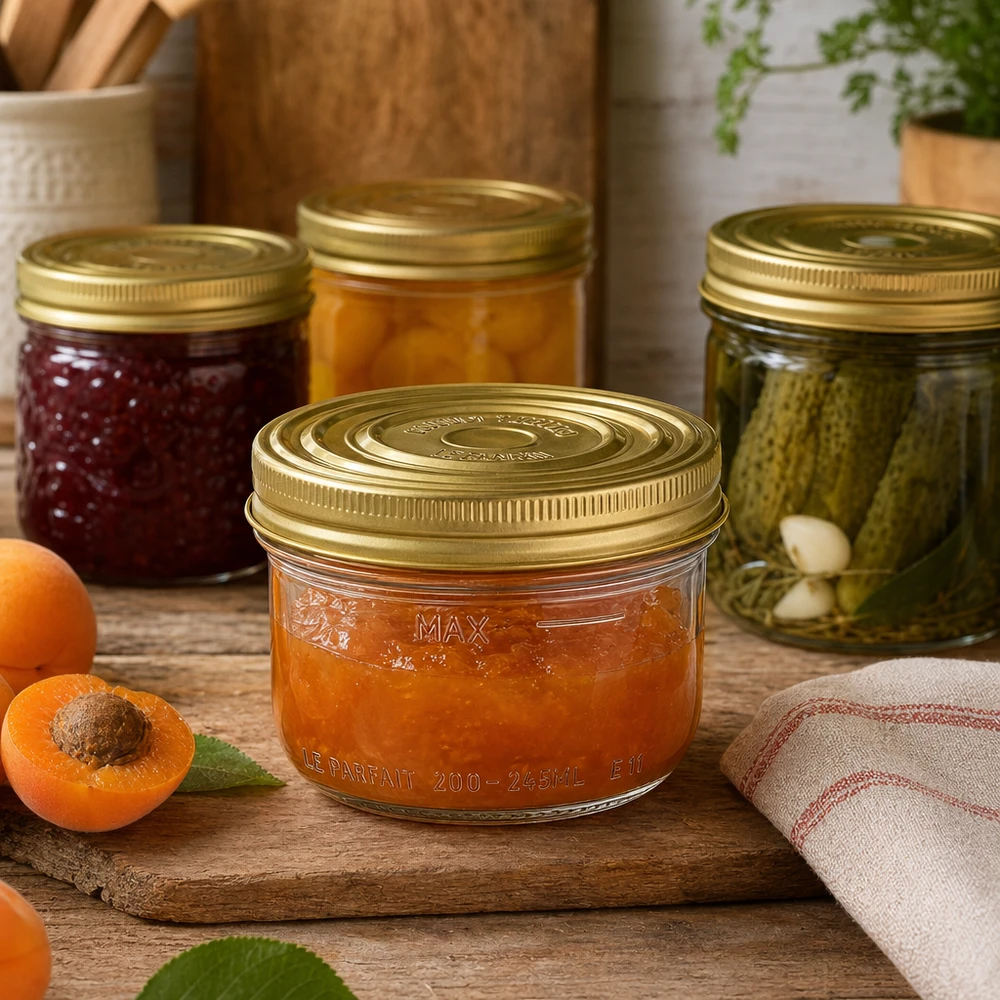 Pot de 245 ml Familia Wiss avec couvercle doré rempli de confiture d'abricots sur planche en bois à côté d'abricots frais
