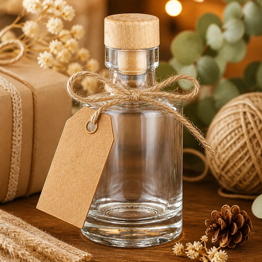 Bouteille en verre 100 ml « Marie » avec bouchon en bois UNiTWIST® Bouteille en verre Marie de 100 ml avec bouchon en bois, emballée avec un ruban de jute et une étiquette cadeau dans un décor rustique.