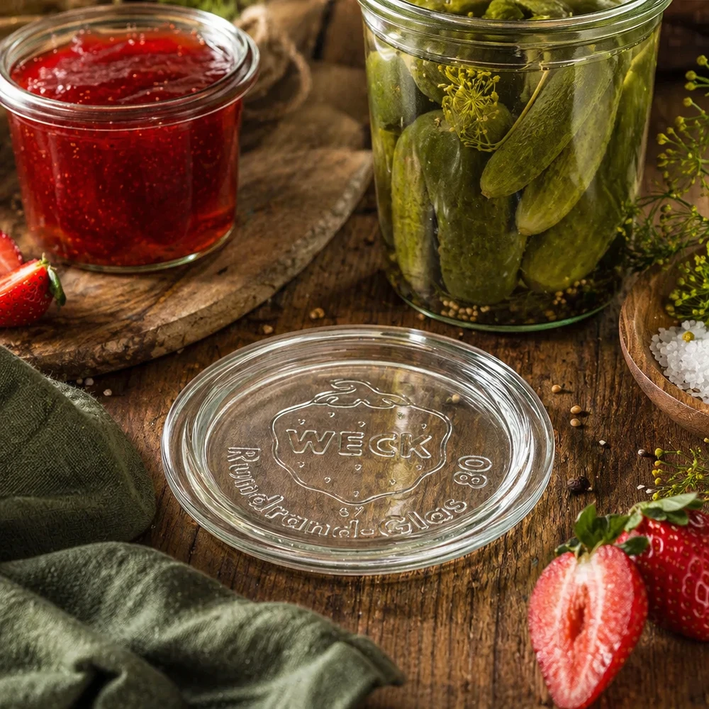 Couvercle en verre WECK RR80 WECK Couvercle en verre RR80 dans une scène de cuisine naturelle avec des bocaux de cornichons et de confiture sur une table en bois