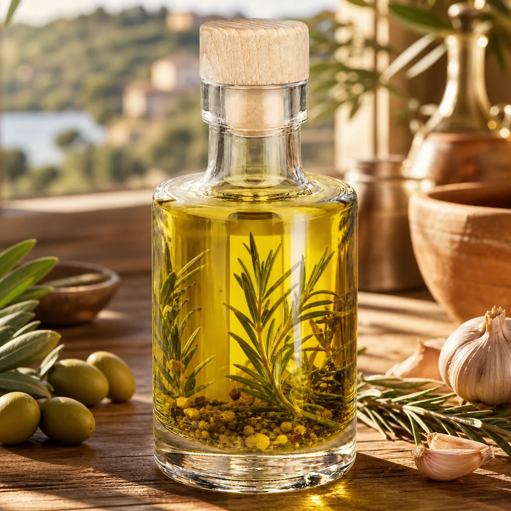 Bouteille en verre 100 ml « Marie » avec bouchon en bois UNiTWIST® Bouteille en verre Marie de 100 ml avec bouchon en bois remplie d'huile aux herbes romarin poivre en grains à côté d'olives et d'ail mediterra