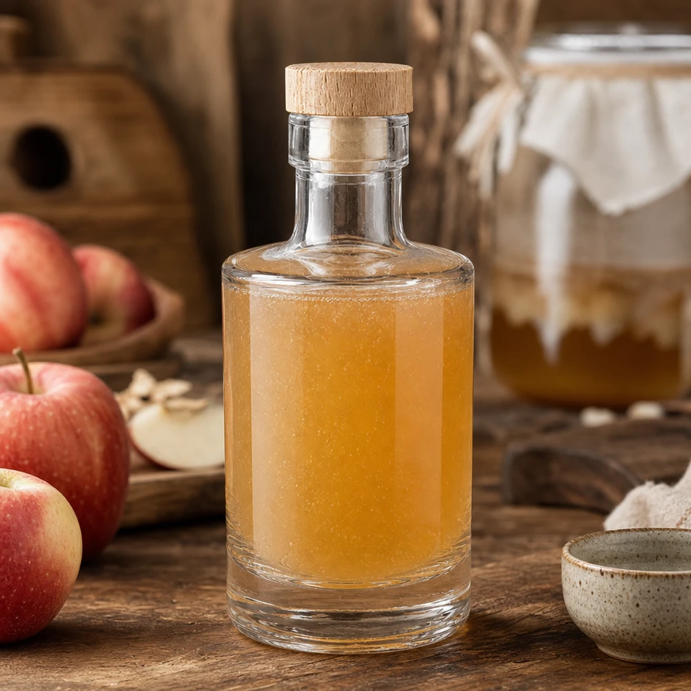 Bouteille en verre 200 ml « Marie » avec bouchon en bois UNiTWIST® 200ml Glasflasche Marie mit Apfelessig befüllt, Holzkorken-Verschluss, rustikale Küchendeko mit frischen Äpfeln