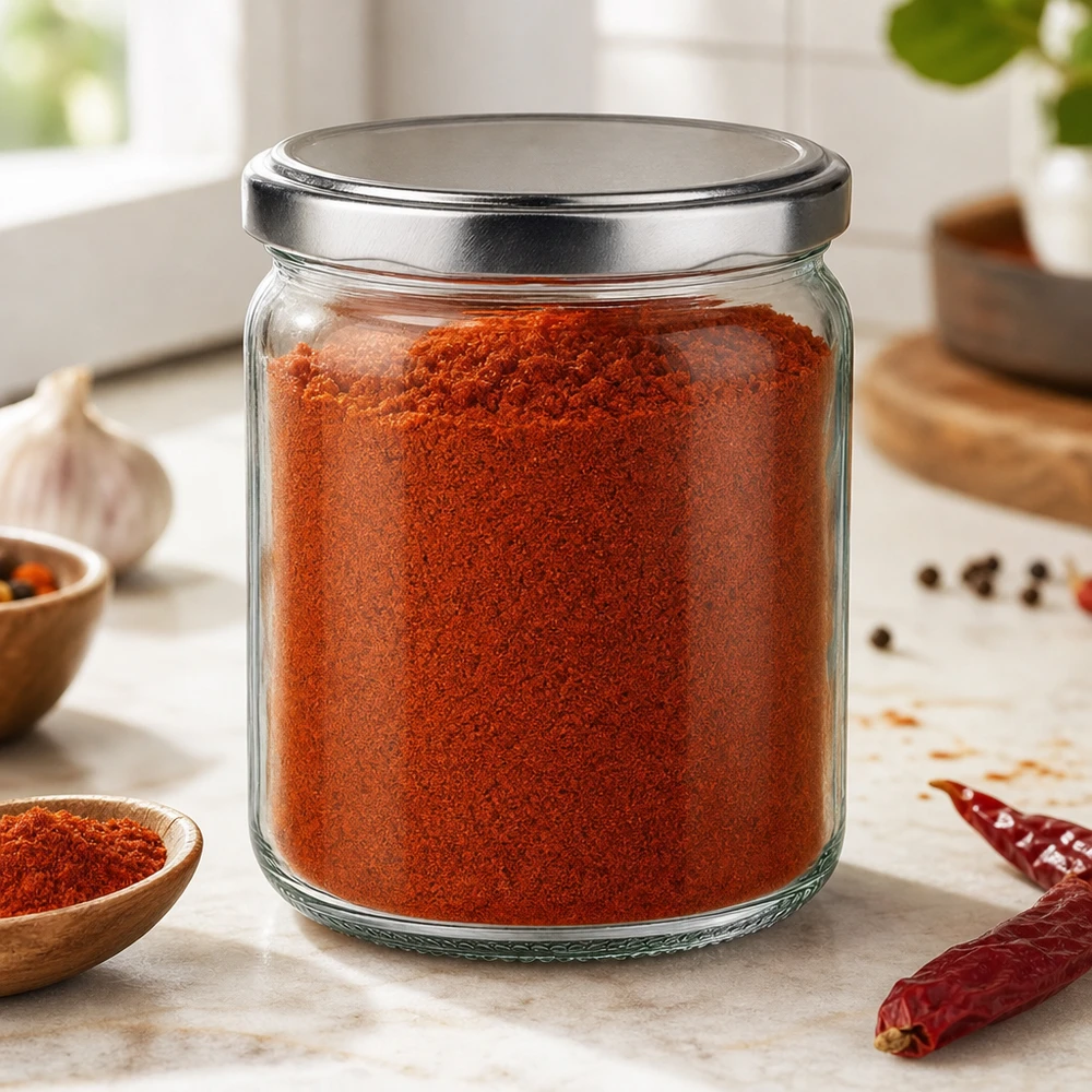 Bocal rond de 408ml avec couvercle BasicSeal argenté rempli d'épices rouges en poudre Paprika dans un bocal à épices de cuisine moderne
