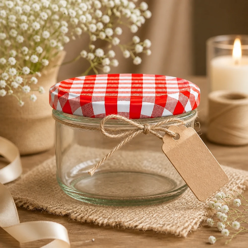 Verre cylindrique vide de 230 ml avec couvercle BasicSeal à carreaux rouges et blancs et étiquette cadeau dans une scène décorative