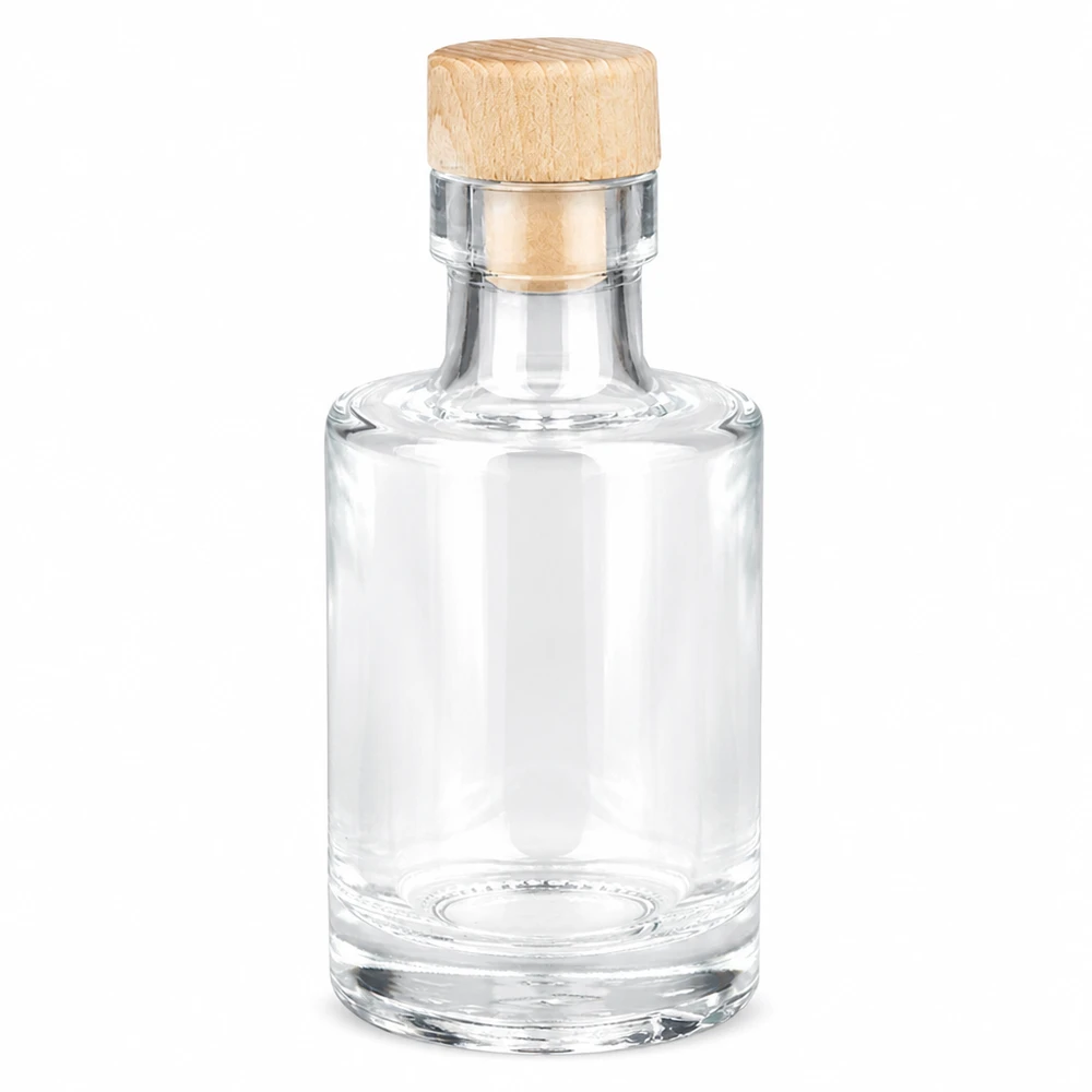 Bouteille en verre 100 ml « Marie » avec bouchon en bois UNiTWIST® Bouteille en verre Marie 100ml avec bouchon à poignée en bois UNiTWIST vide transparent forme ronde Photo du produit sur fond blanc