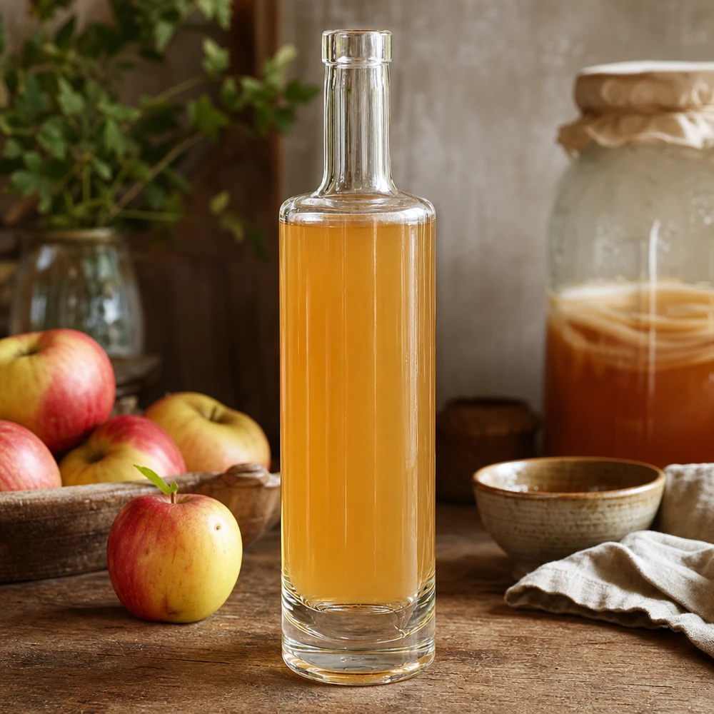 Bouteille en verre Lina de 500 ml remplie de jus de pomme doré dans une scène de cuisine rustique avec des pommes fraîches et du miel