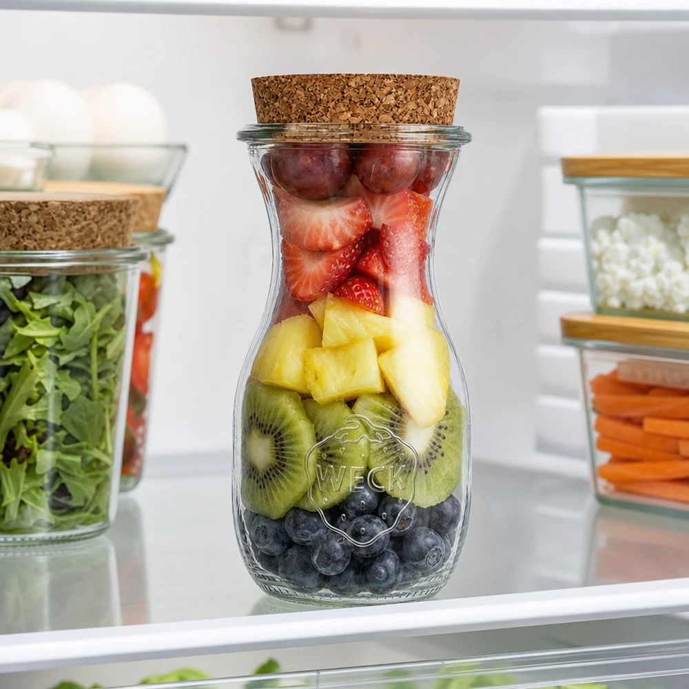 290ml Bouteille à jus de fruits WECK RR60 avec bouchon nature WECK Bouteille de jus 290ml RR60 avec mélange de fruits myrtilles kiwi ananas fraises dans le réfrigérateur Meal Prep