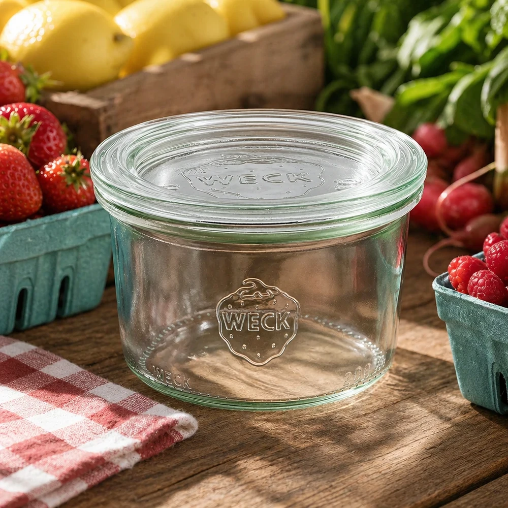 200ml bocal conique avec bouchon en verre WECK RR80 WECK Pot de conserve 200ml RR80 dans un environnement de cuisine naturel décoré avec des fruits et légumes frais