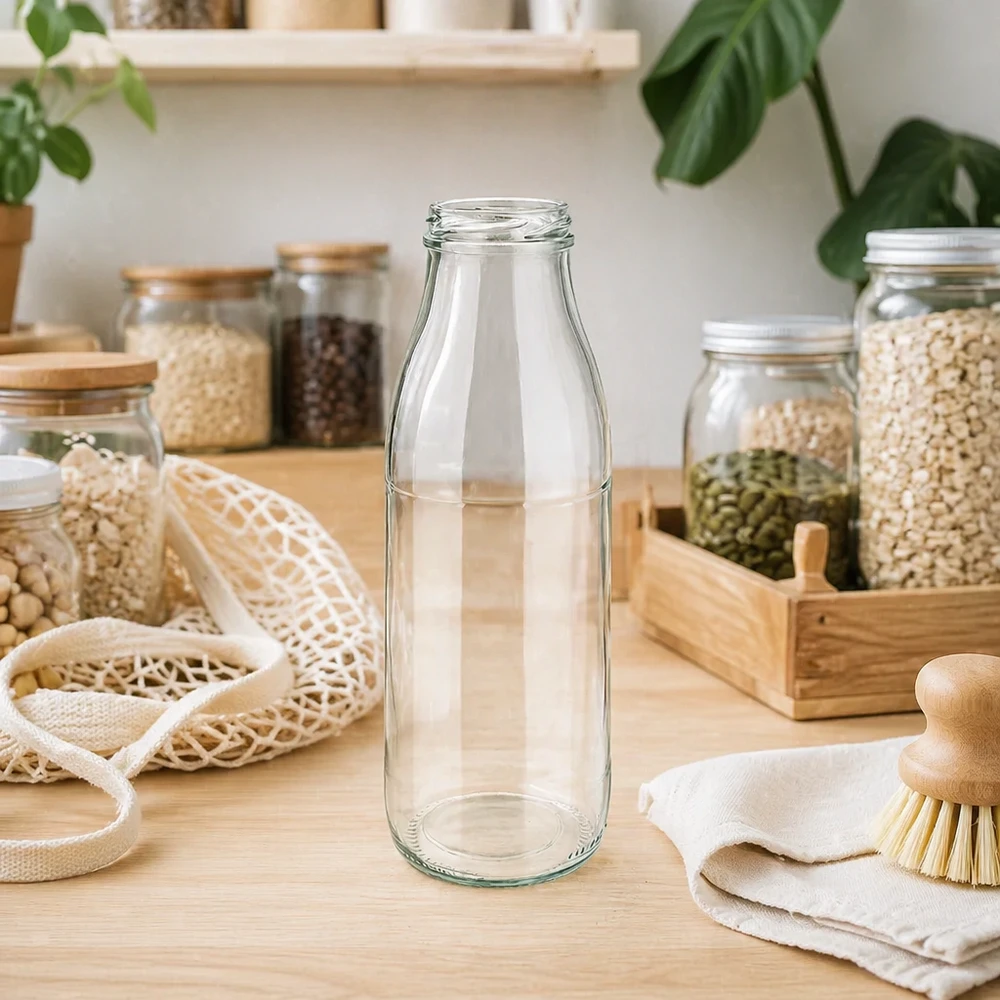500ml Bouteille sans bouchon (TO48) UNiTWIST Bouteille en verre de 500ml TO48 UNiTWIST vide dans une cuisine durable zéro déchet avec des bocaux de stockage et des fibres naturelles