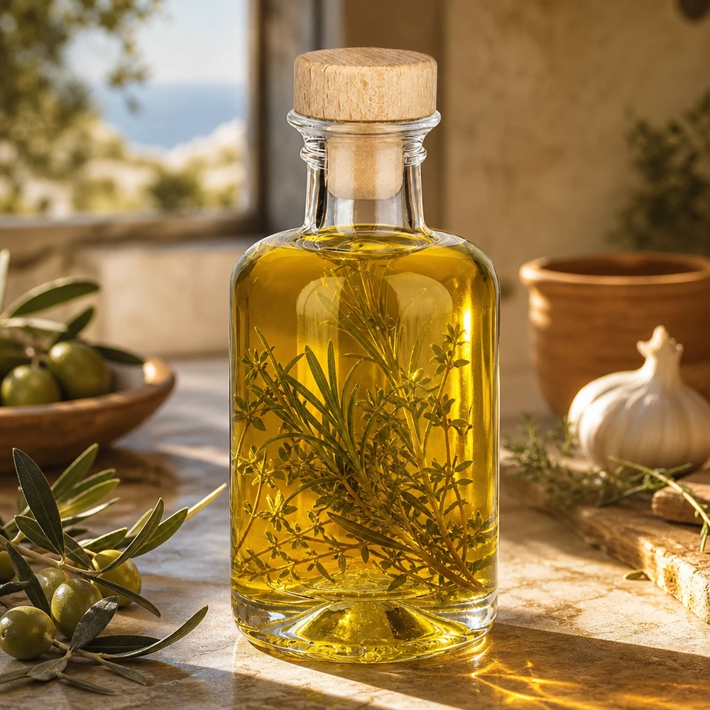 Flacon à pharmacie « Sofia » 100 ml avec bouchon en bois UNiTWIST® 100ml Glasflasche Sofia mit Holzkorken gefüllt mit Kräuteröl und Rosmarin mediterrane Küche Olivenöl Infusion
