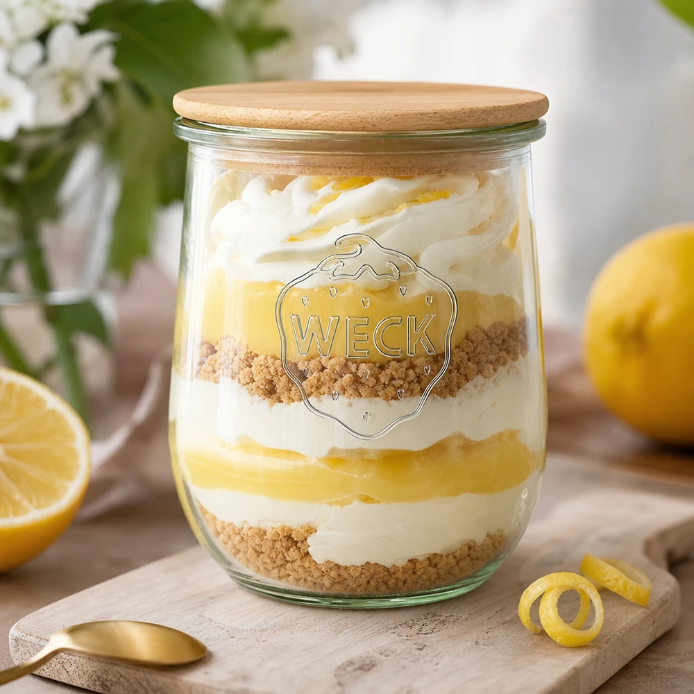 1062ml bocal tulipe WECK RR100 avec couvercle en bois WECK RR100 Verre tulipe 1062ml avec couvercle en bois comme verre à dessert arrangé de manière décorative avec de la crème au citron et des vermicelles