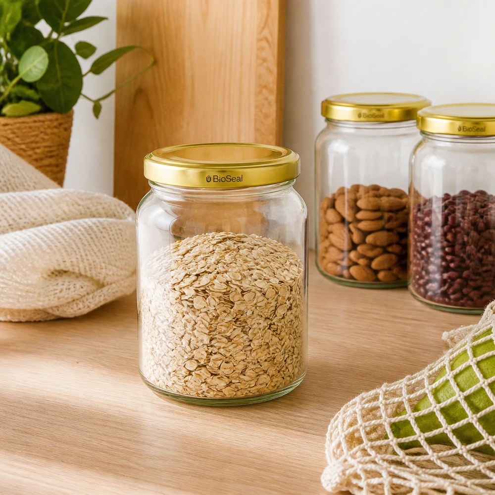 UNiTWIST Runda408 Pots à provisions avec couvercles dorés BioSeal remplis de flocons d'avoine et de noix dans une cuisine durable