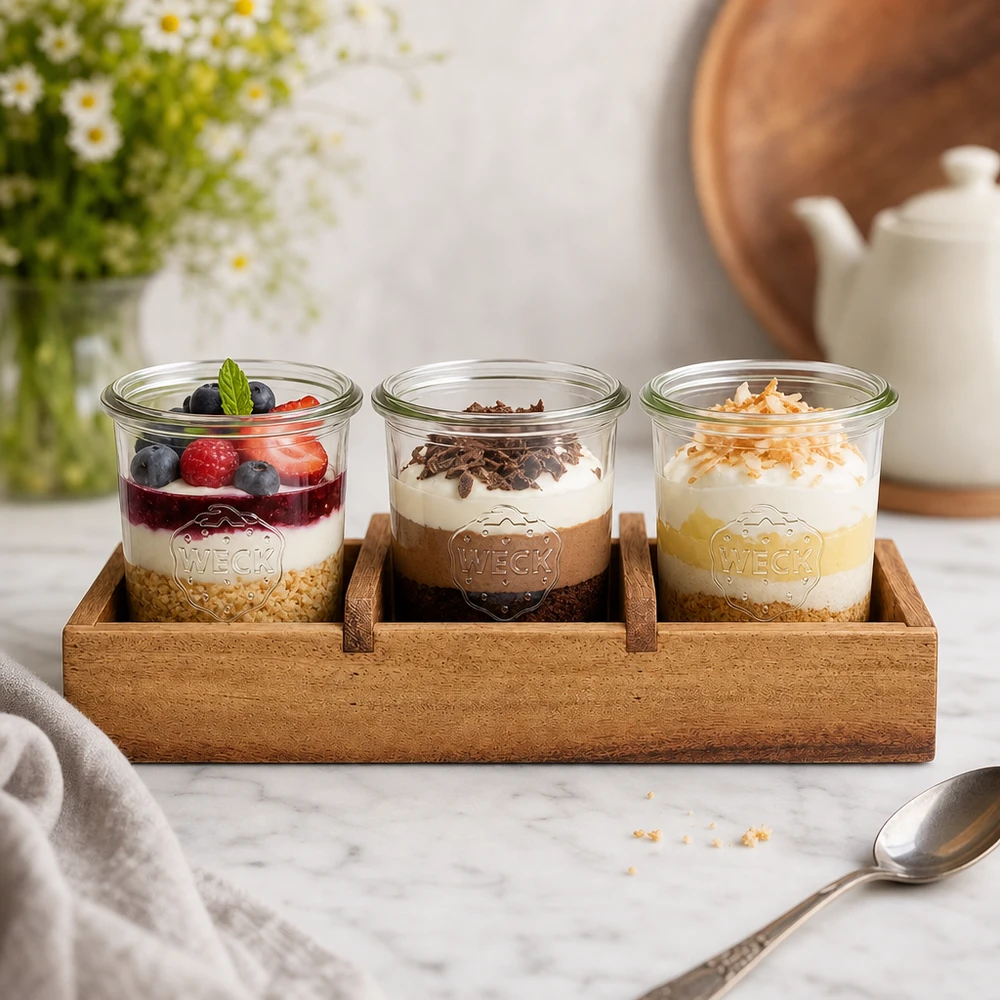 Bois d'acacia Planche de service Box3 avec trois verres WECK Yaourt Baies Chocolat Noix de coco Présentation de cuisine