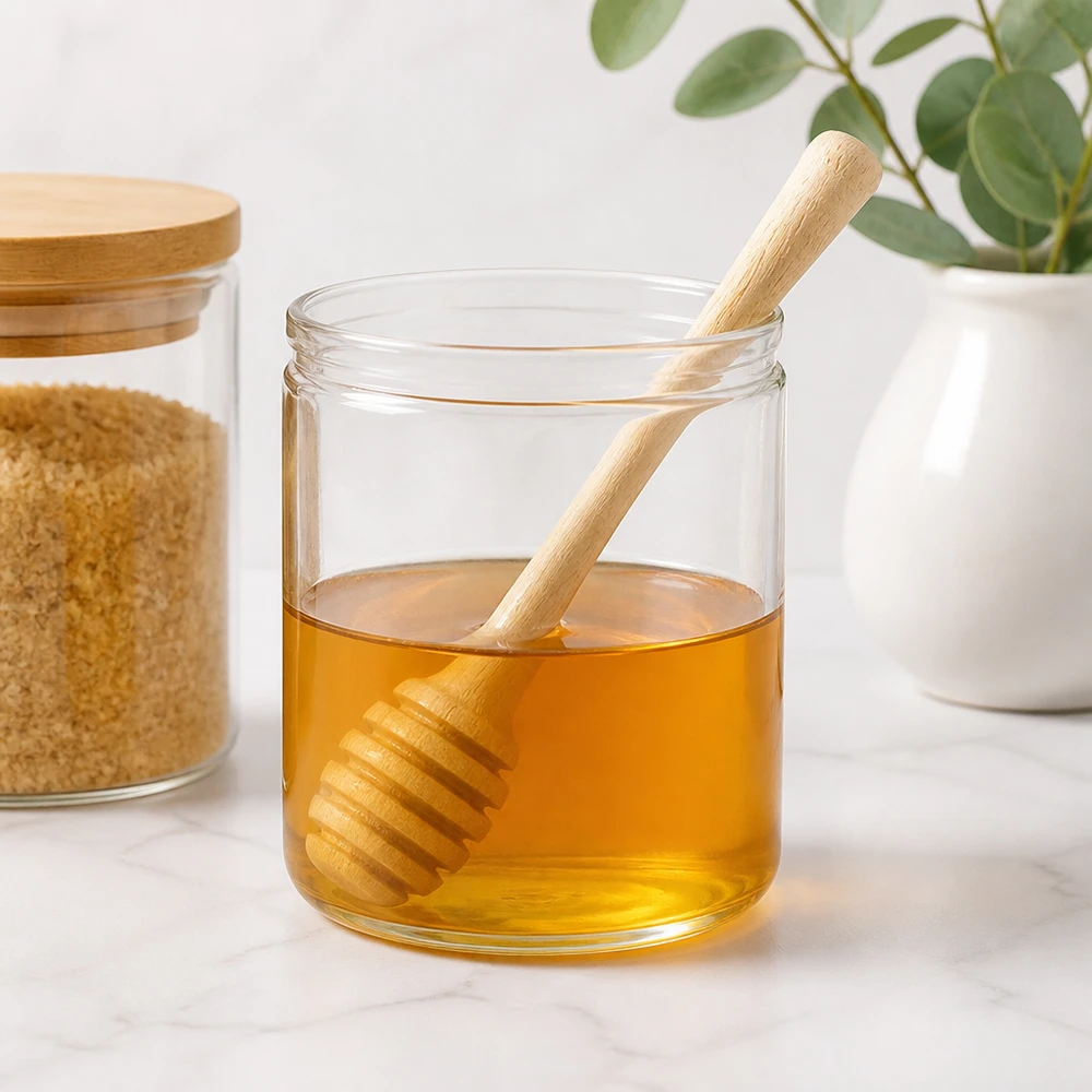 Cuillère à miel en bois d'érable dans un pot à miel avec décor de cuisine et plantes montre une utilisation élégante dans une cuisine moderne