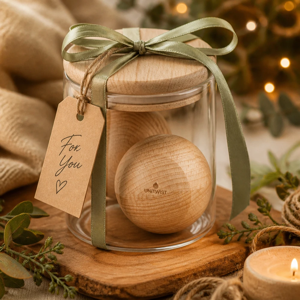 UNiTWIST Sphère en bois hêtre WECK RR80 comme cadeau dans un verre décoré d'un ruban vert et d'un pendentif For You