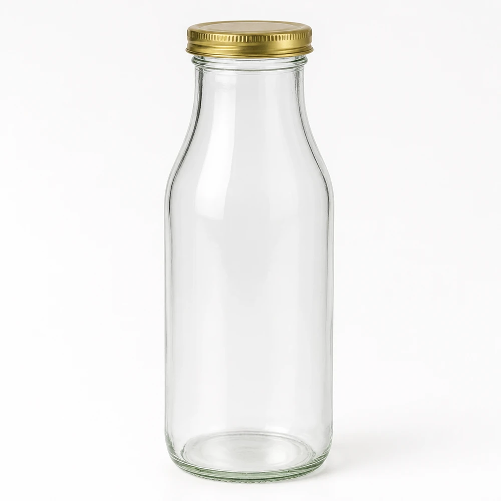 Bouteille en verre vide UNiTWIST Bottle263 avec bouchon à visser doré TO43 BioSeal sur fond blanc