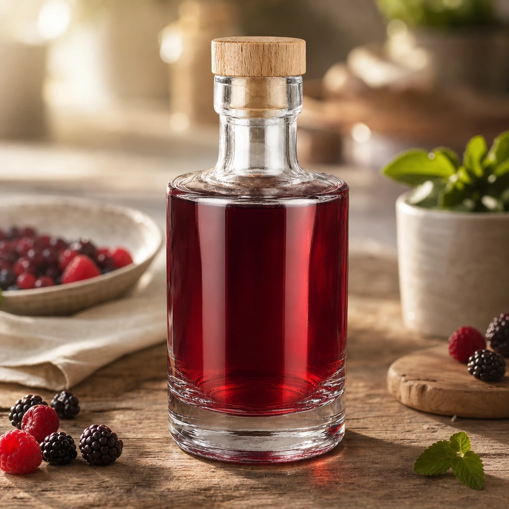 Bouteille en verre 200 ml « Marie » avec bouchon en bois UNiTWIST® 200ml Glasflasche Marie mit Beerenlikör befüllt, Holzkorken-Verschluss, dekoriert mit Himbeeren und Brombeeren auf Holzt