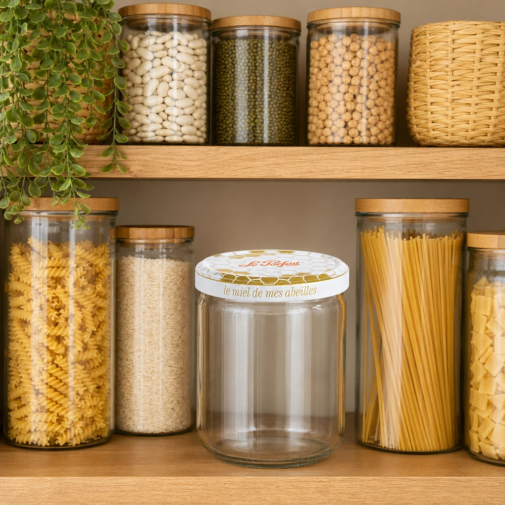 Verre à provisions vide de 212 ml Le Parfait Honey entre les boîtes à provisions remplies dans le rangement organisé des étagères de cuisine