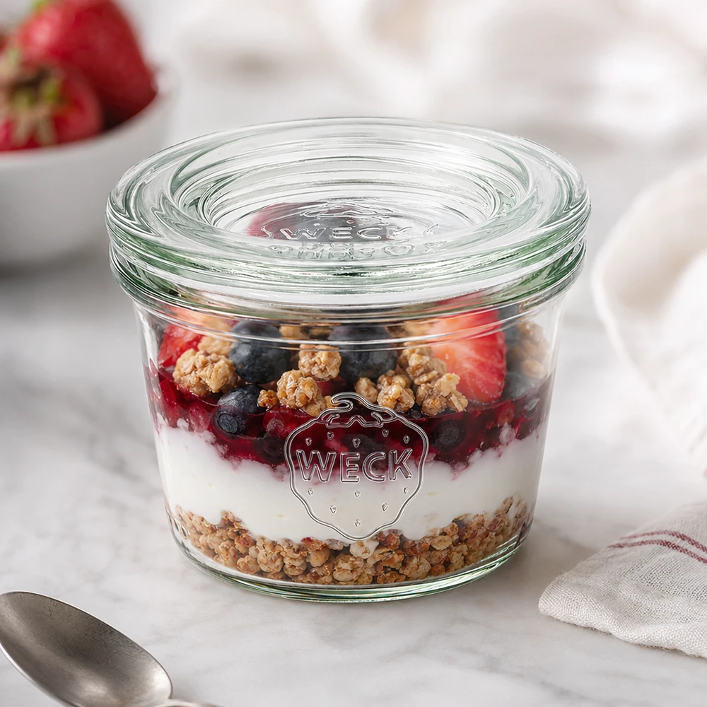 35ml bocal conique avec bouchon en verre WECK RR40 WECK Verre renversé 35ml RR40 avec yogourt Müsli et baies comme dessert dans un verre décoré sur un plateau en marbre blanc