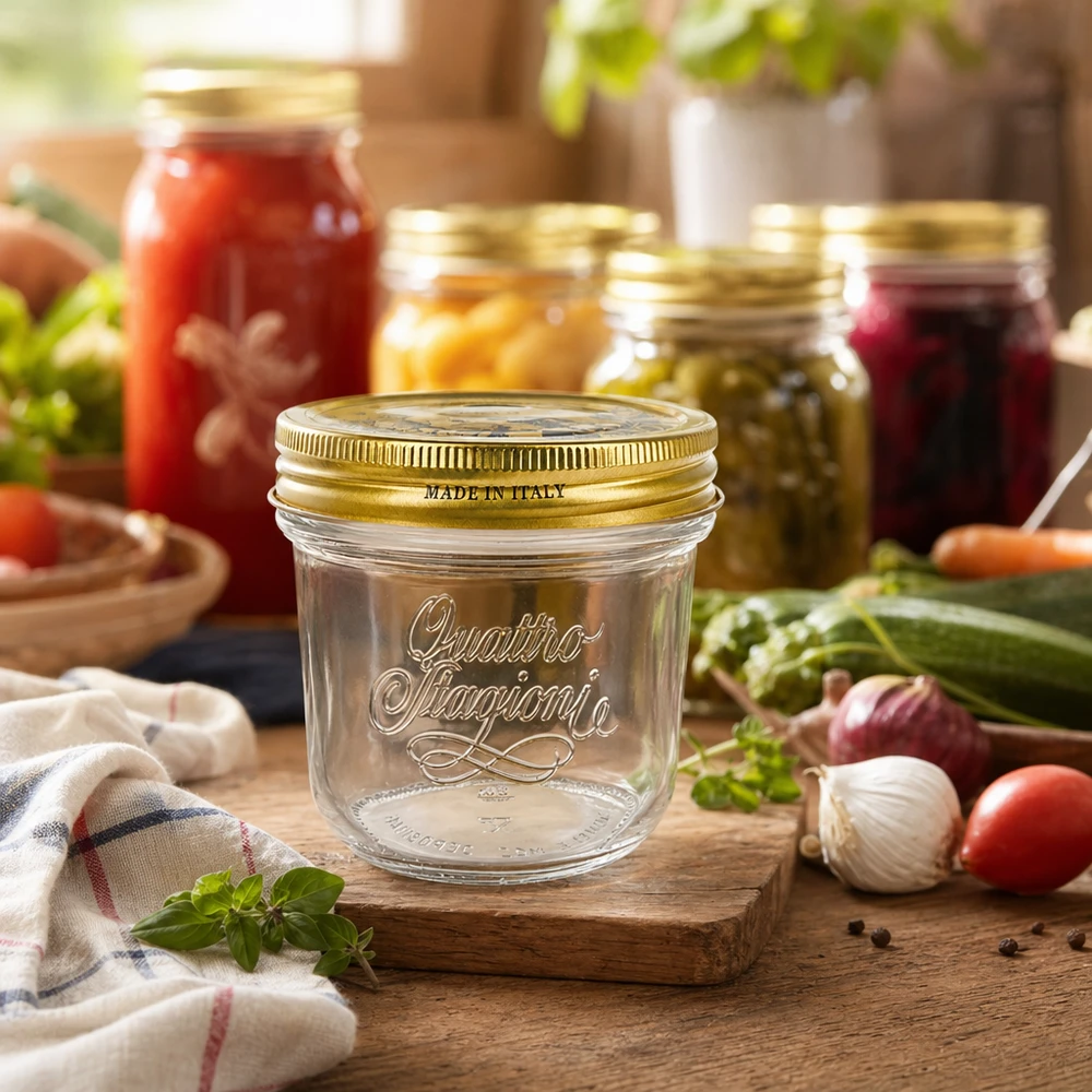 Verre renversé de 200 ml « Quattro Stagioni » avec couvercle Quattro Stagioni 200ml pot renversé avec couvercle doré sur planche en bois entouré de bocaux et de légumes frais