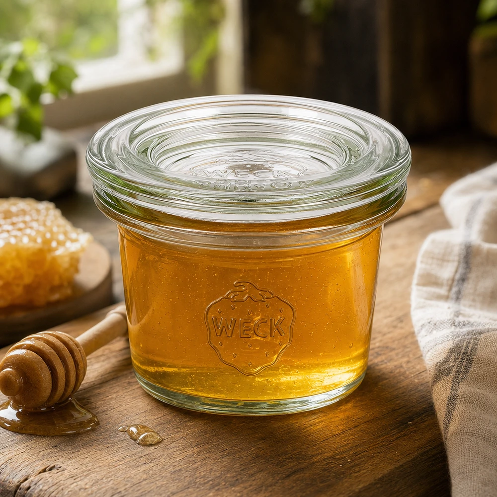 WECK Pot renversé 35ml RR40 rempli de miel sur planche en bois avec cuillère à miel et alvéoles dans une ambiance naturelle
