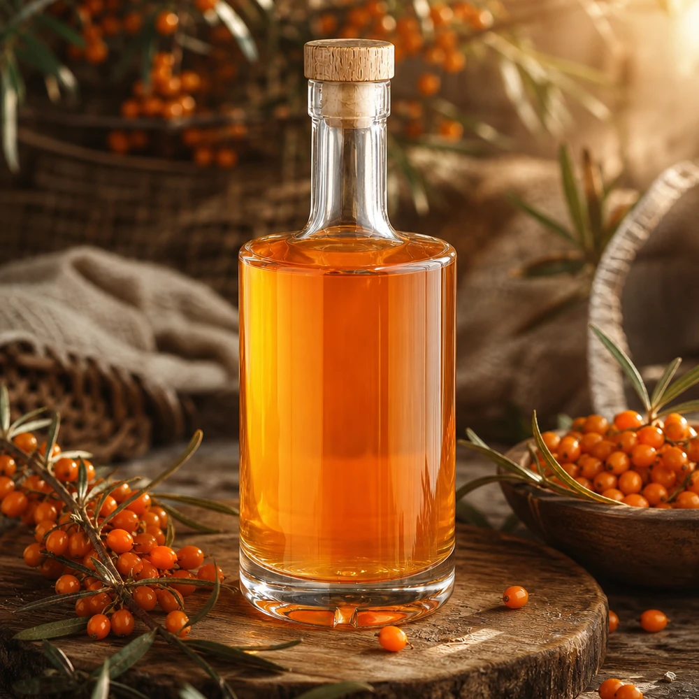 Bouteille en verre Nora 500ml avec liqueur d'argousier orange bouchon en bois UNiTWIST présentation rustique planche en bois baies