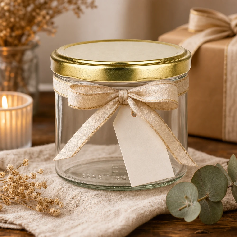 Verre cylindrique décoratif de 230 ml avec couvercle doré et nœud crème comme emballage cadeau