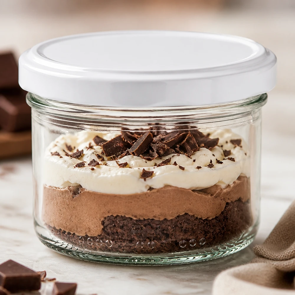 Bocal de 230 ml avec couvercle blanc hermétique montrant un dessert au chocolat en couches comme exemple d'utilisation